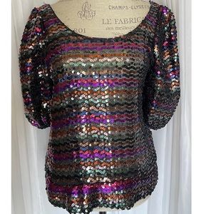 Vintage 80s Multi Color Sheer Sequin Top w/Gypsy Sleeve Union Made Size 12 L/XL